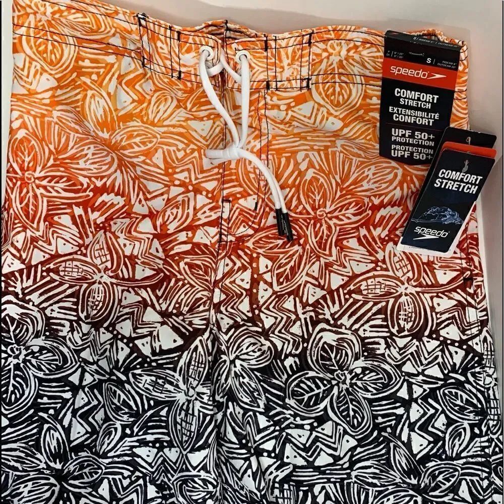 Speedo Black Orange Red Mens Swim Trunks Small Comfort Stretch Water Repellent